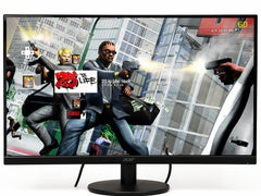 Acer gaming monitor displaying an intense city shooter game with gunfire.